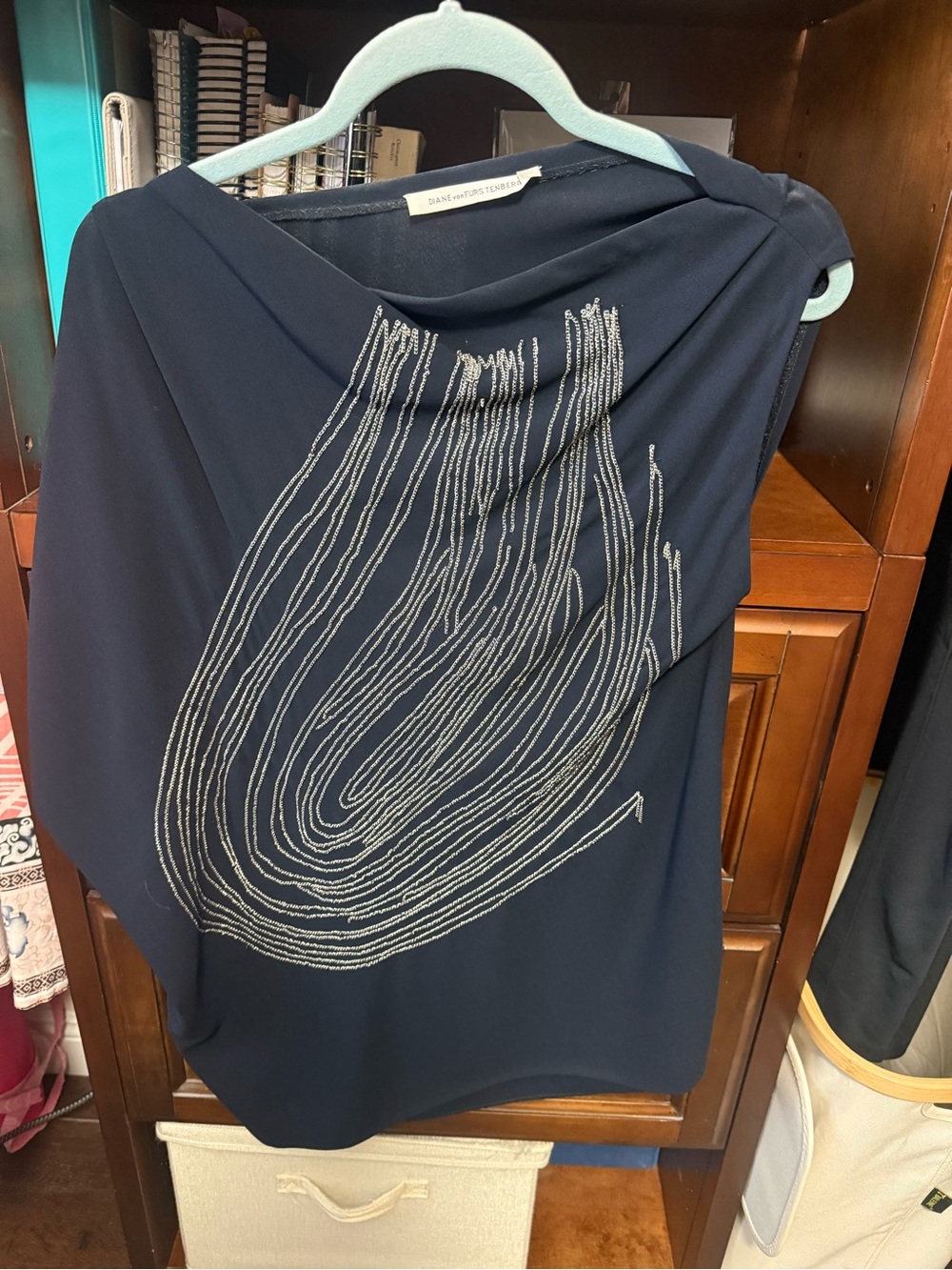 Diane Von Furstenberg Navy Beaded Draped Tunic Top